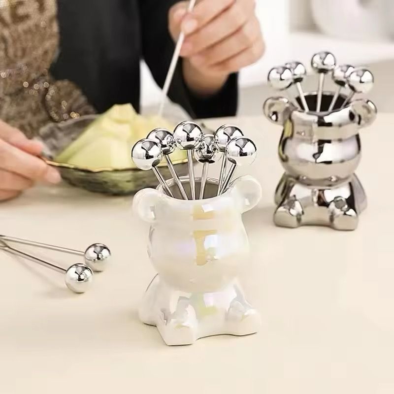 6pcs Stainless Steel Dessert Forks With Storage Jar